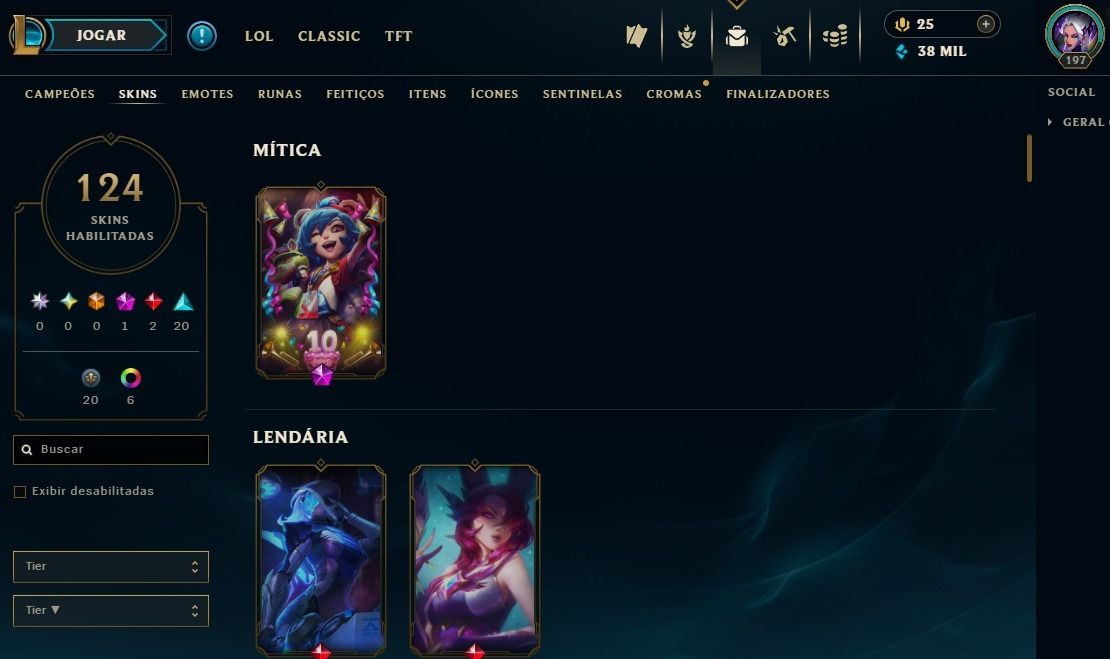 Full Acesso - 124 Skins - 140 Campeões - Level 197 - 38 Mil Essencia Azul