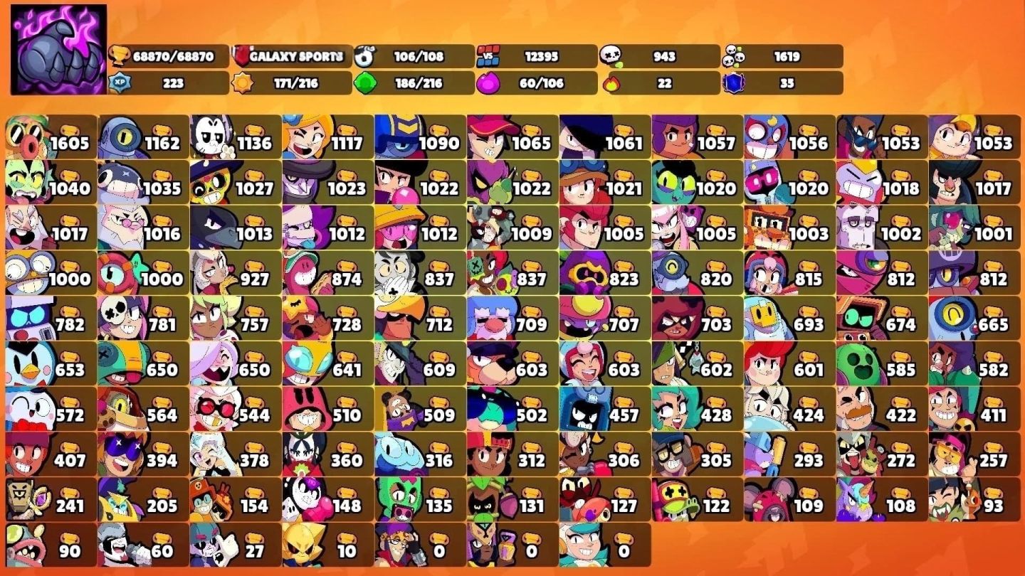 CONTA BRAWL STARS RARA DE 2019 68K TR 106/106 BRAWLERS 446 SKINS 60 HIPER
