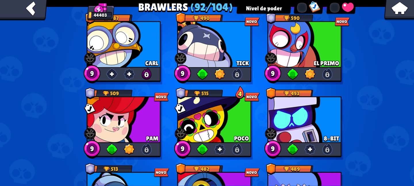 Brawl stars. 44k de troféus 92/104 brawlers 34 nível máximo. Pra sair logo