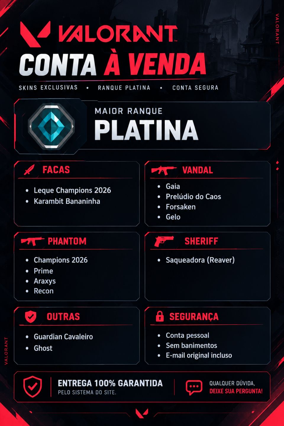 CONTA VALORANT PLATINA PACOTE CHAMPIONS 2026 COMPLETO + GAIA, PRELÚDIO E REAVER
