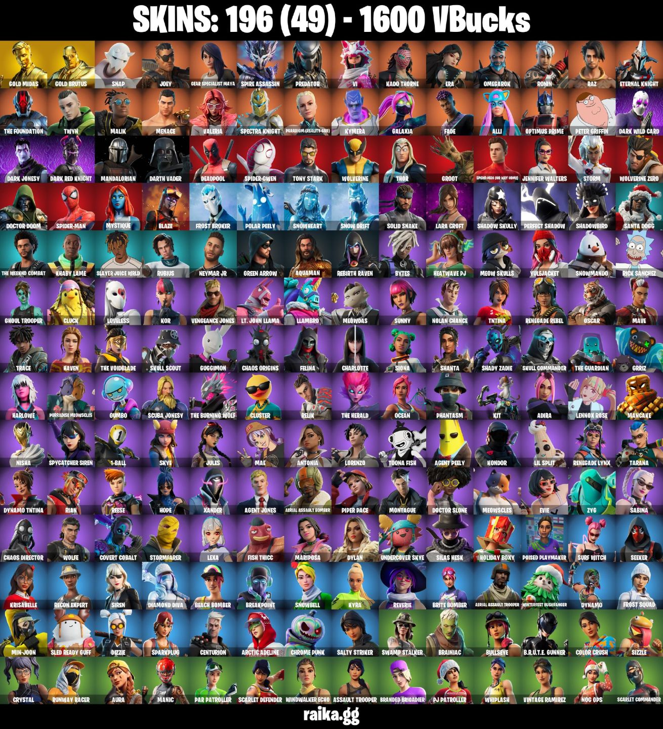 196 Skins - Leviathan Axe, Gold Midas, Lara Croft, Candy Axe, 1600 vbucks