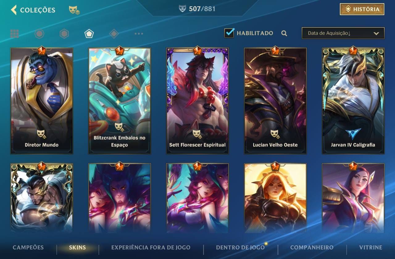 507 Skins| 15 Míticas |64 Lendárias|290 Épicas |Lv 226 |87,2K Coleção| 1978 dias