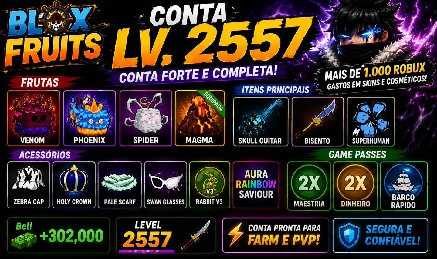 Conta Blox Fruits Lv. 2557 | Venom + Phoenix + Skull Guitar