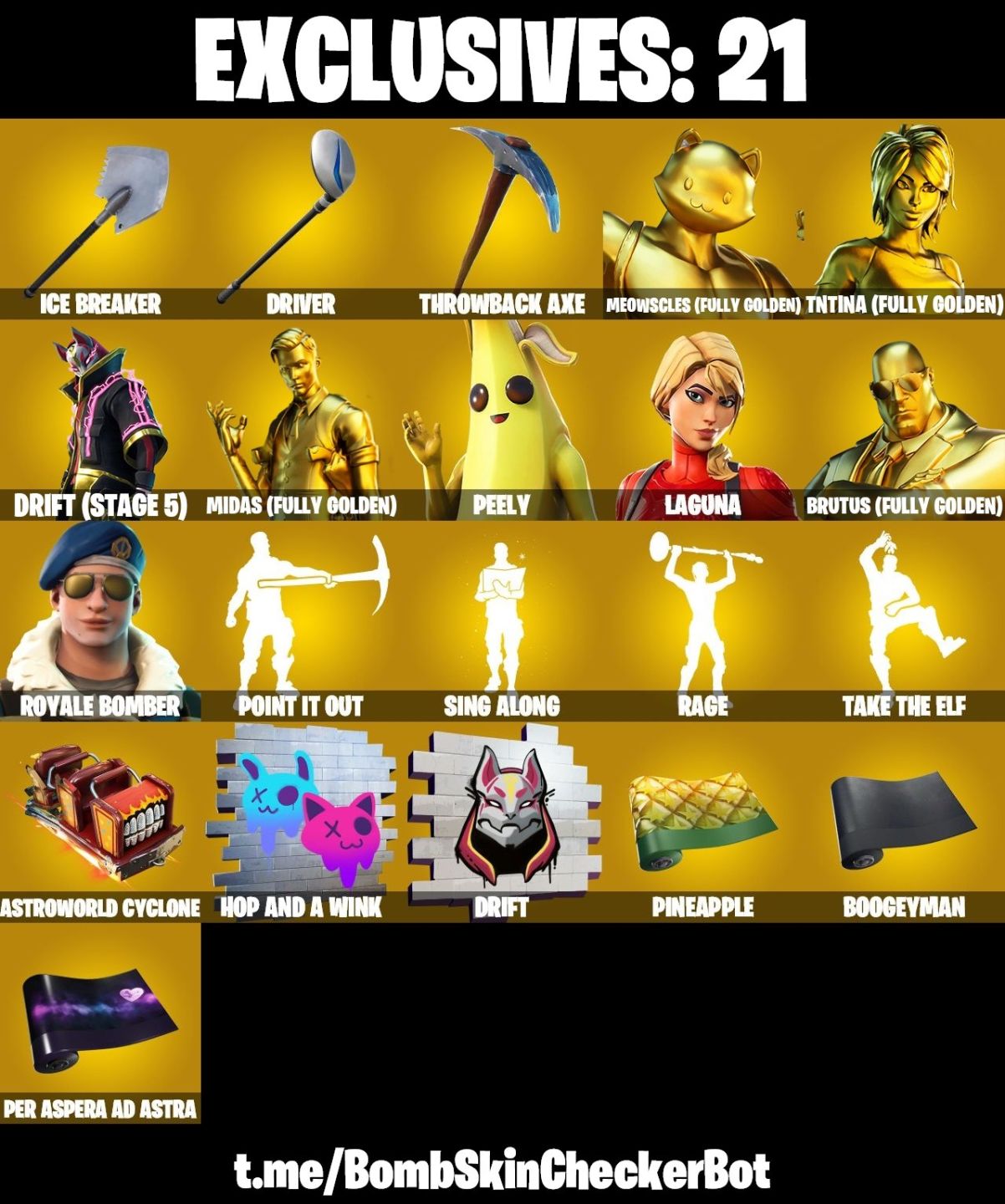 CONTA FORTNITE MIDAS DOURADO, BOMBER ROYALE, ATEMPORAL (5), SPIDER & 90 SKINS