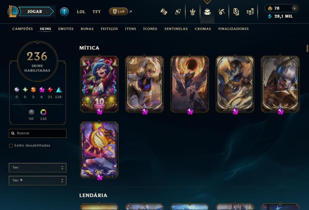 Conta LoL Unranked Nível 564 - 249 skins - Todos Campeões