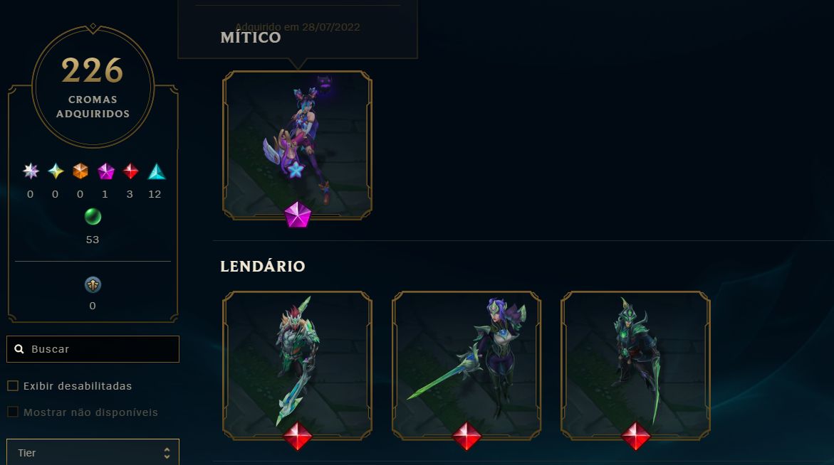 CONTA DO LOL - 382 SKINS (5 ULTIMATES, 17 MÍTICAS E 50 LENDÁRIAS), PLATINA,