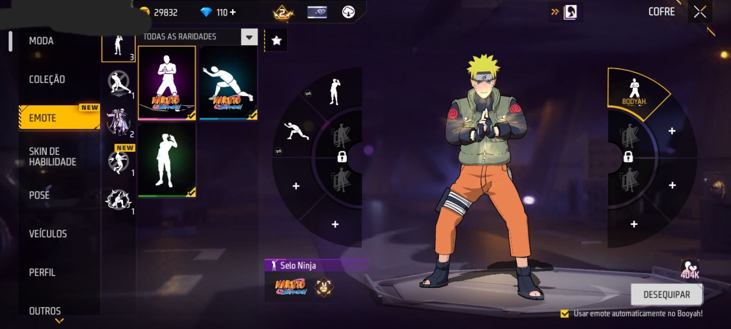 CONTA FF NÍVEL 25 + 3 SKINS DO NARUTO + 2 EMOTES + GELO + 110 DIAMANTES