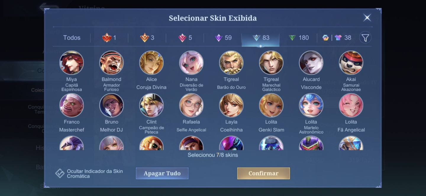 CONTA MOBILE LEGENDS/ SKINS RARAS