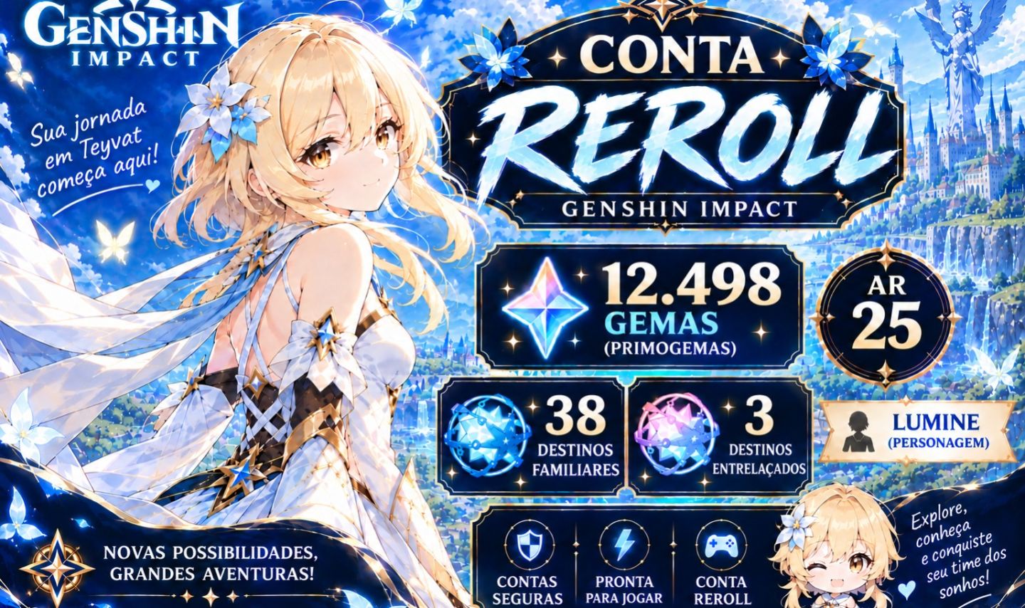 Conta Genshin Impact América Ar25 + 12.498 Primogems + 110 Pulls