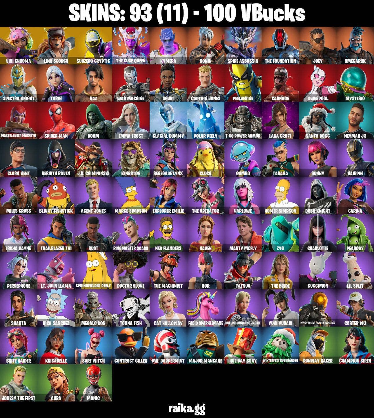 93 Skins - vivi chroma, lina scorch, subzero cryptic, candy axe, 100 vbucks