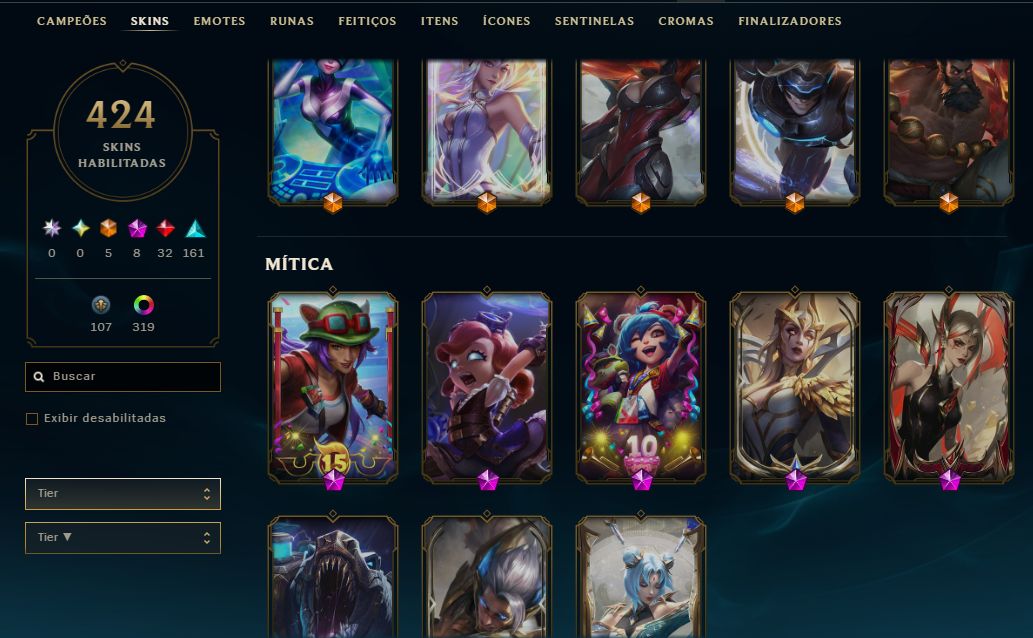 Conta lol main sup peel 400+ skins + TFT (vava com 1 skin de loja e passes)