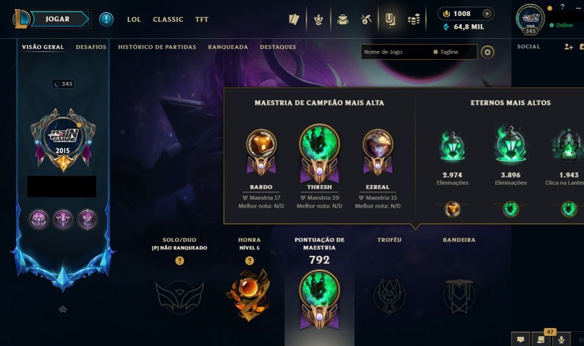 Conta Lol de 2015 / 877 Skins / Nivel 345 / 627 Icones