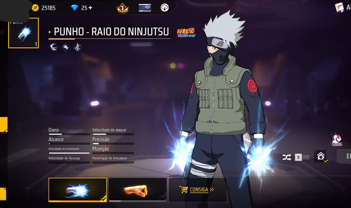 CONTA FF NIVEL 18 COM PUNHO RAIO DO NINJUTSU + SKIN KAKASHI (SEU EMAIL)