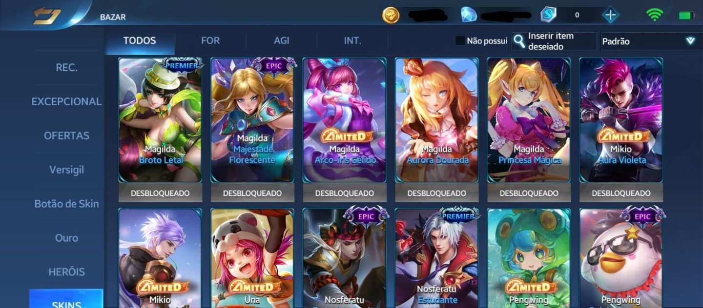 Conta - Heroes Evolved, nível: 43, heróis: 113, skins: 243.