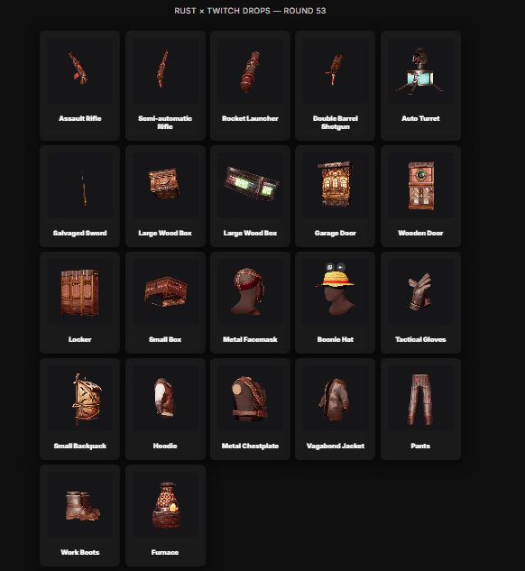 [DROP NOVO] RUST TWITCH/KICK DROPS / 49+50+51+52+53 (56 SKINS)