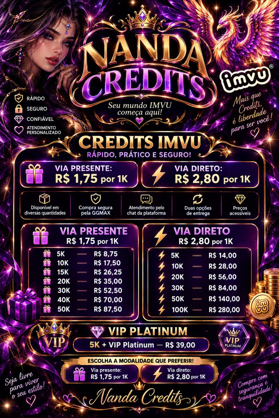 CREDITOS IMVU VIAS, PRESENTE E DIRETO Vip Platinum 5k