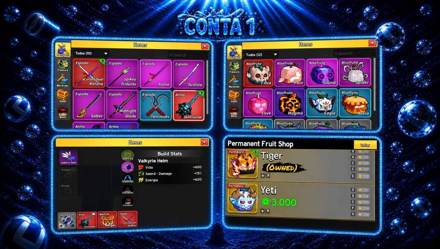 CONTAS BLOX FRUITS | FRUTAS PERMANENTE + RAÇA V4 + CDK + GODHUMAN + SOUL GUITAR