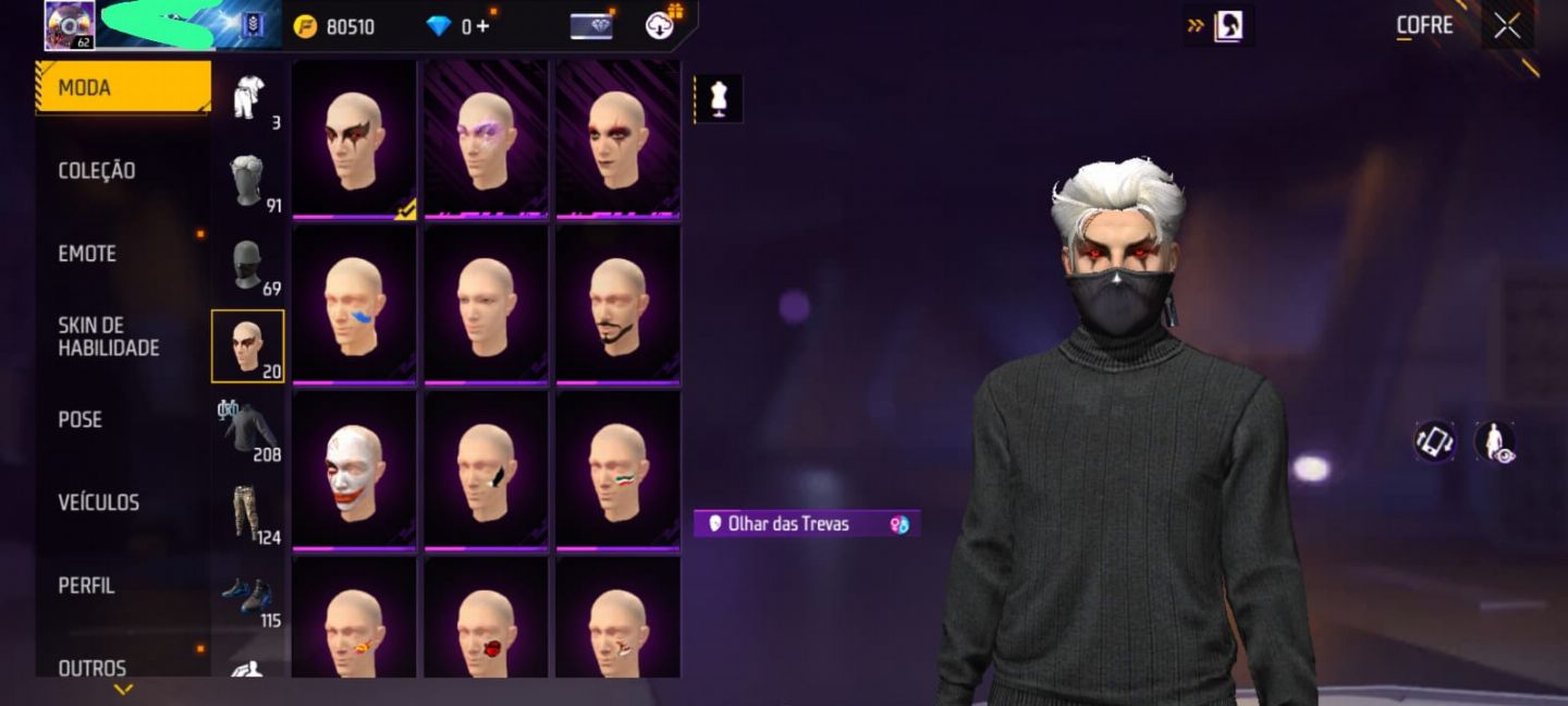 Conta free fire nível 72 gola alta preta, scar punho de ouro, via google!!