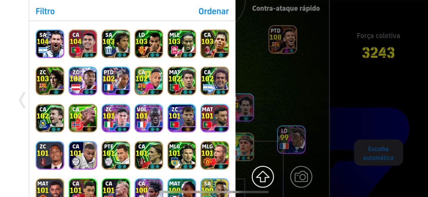CONTA eFOOTBALL MOBILE TOP! ELENCO ESTRELADO + CRISTIANO RONALDO 108 E MESSI 104