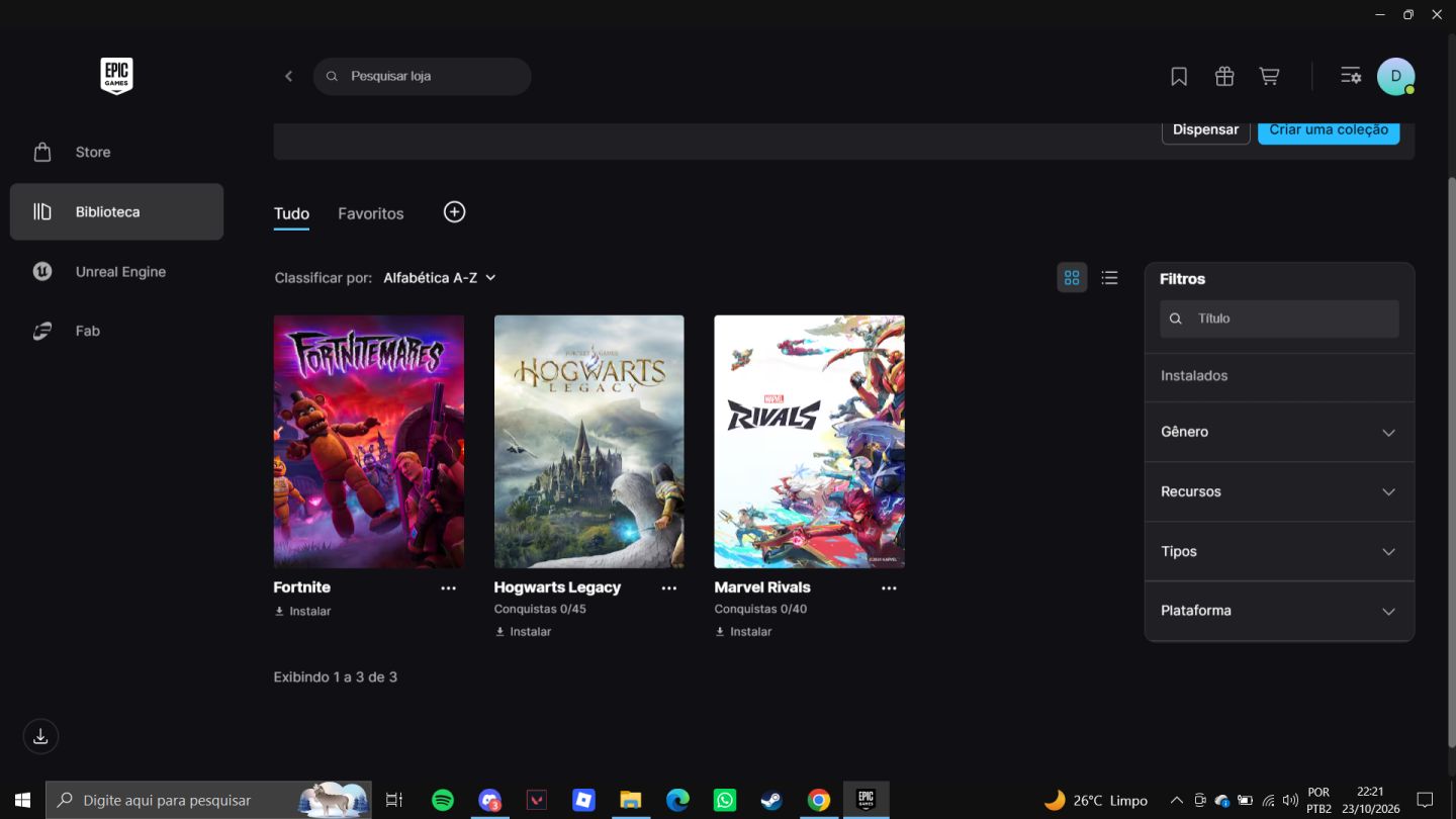 Conta epic games com skins de fortinite, saldo na conta e Hogwarts Legacy
