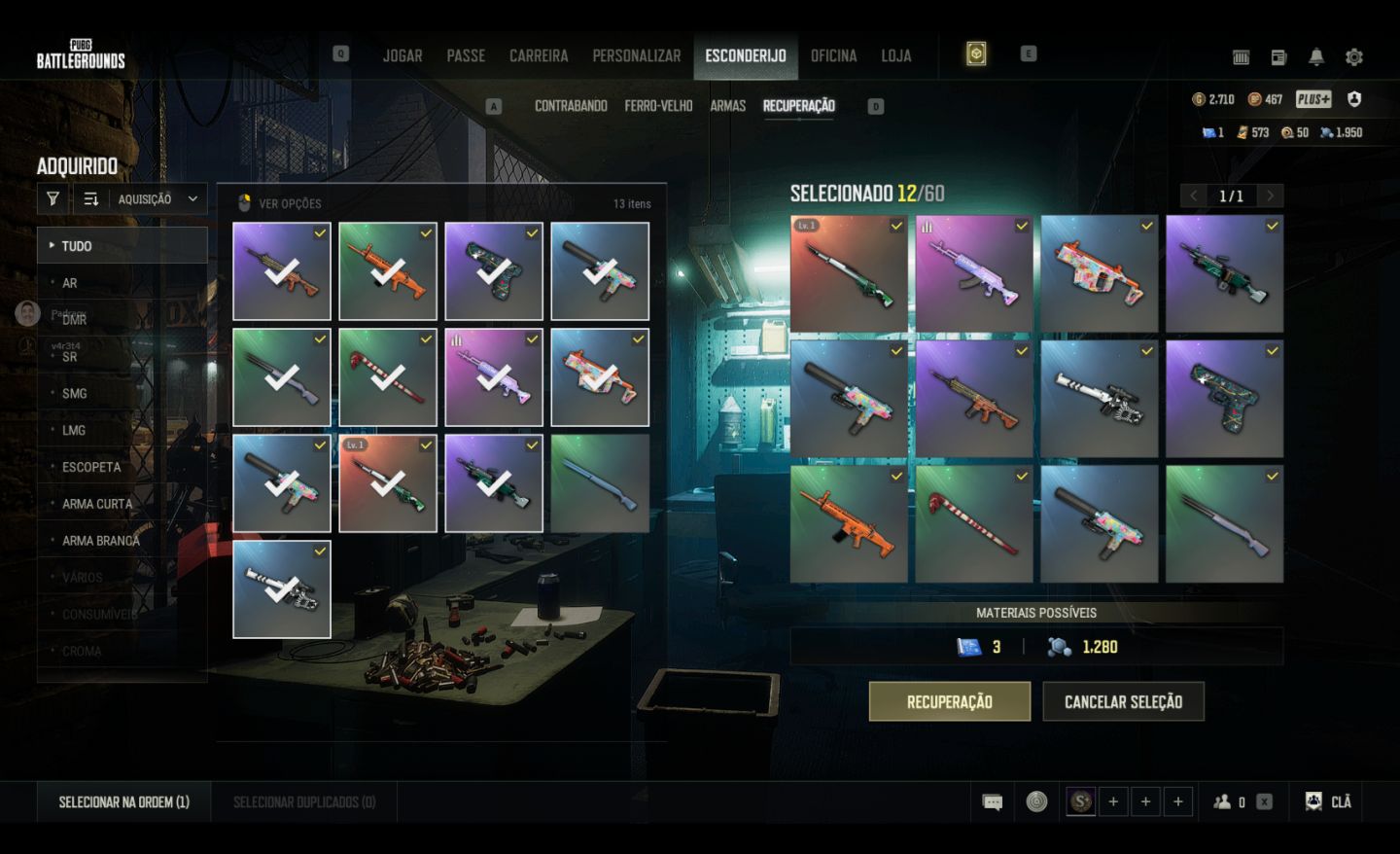 Conta PUBG Kar98k lendária + Glasya + 2710 Gcoins + 573 Cupons de contrabando