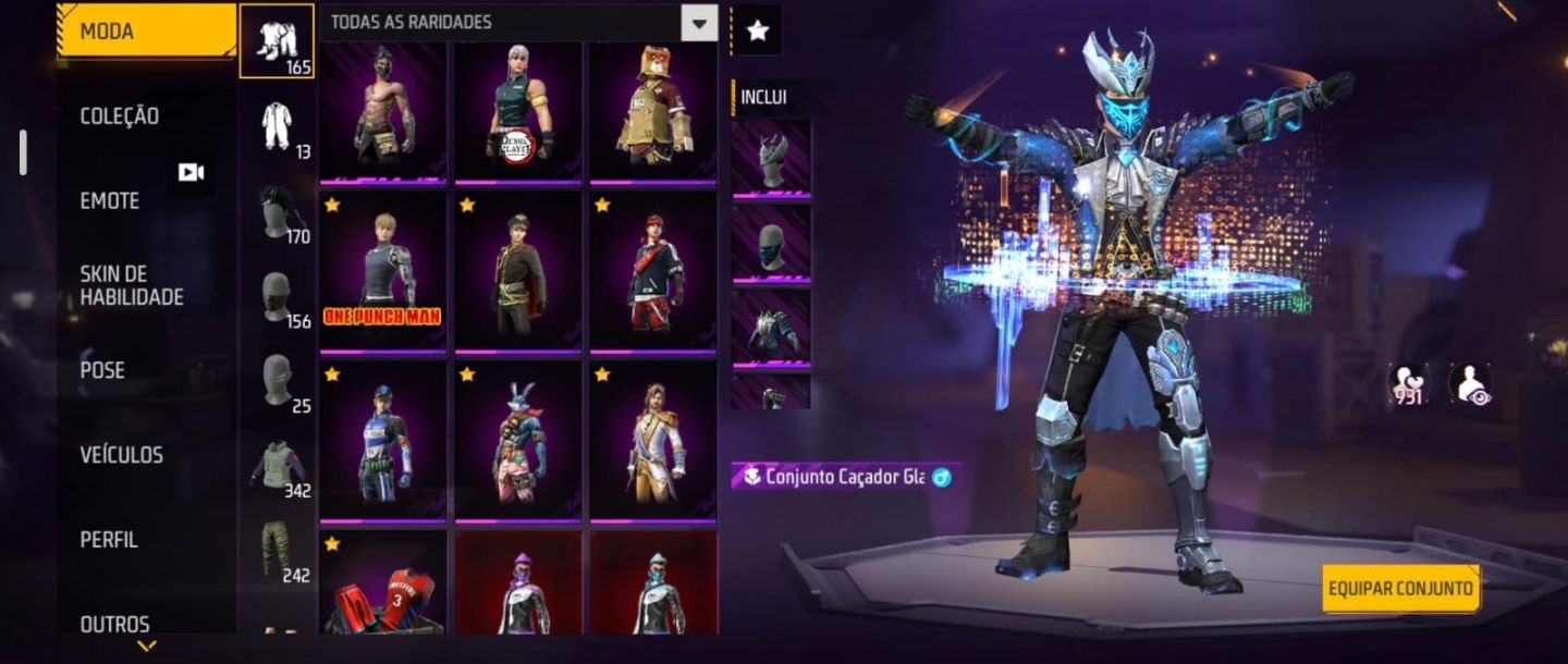 Conta de FF prime 7 com NARUTO, pé descalço, sombra roxa e jazz clássico