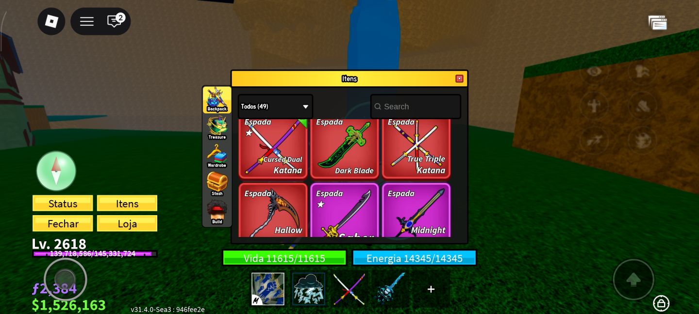 Conta Blox Fruits Quase Full game pass (Skin limited no Roblox Custando 4k!!)