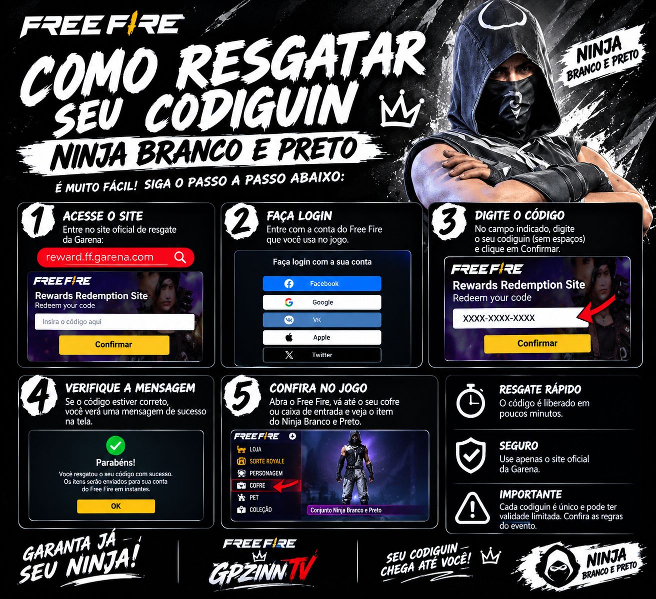 CODIGUIN FREE FIRE | NINJA BRANCO E PRETO | ENTREGA RÁPIDA