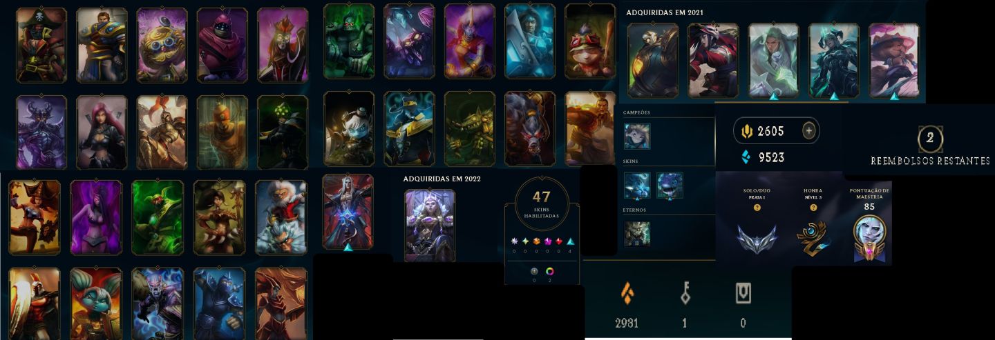 LoL BR Nv. 55 | 47 Skins | 2605 RP | Prata I | 74 Ícones | 36 Emotes