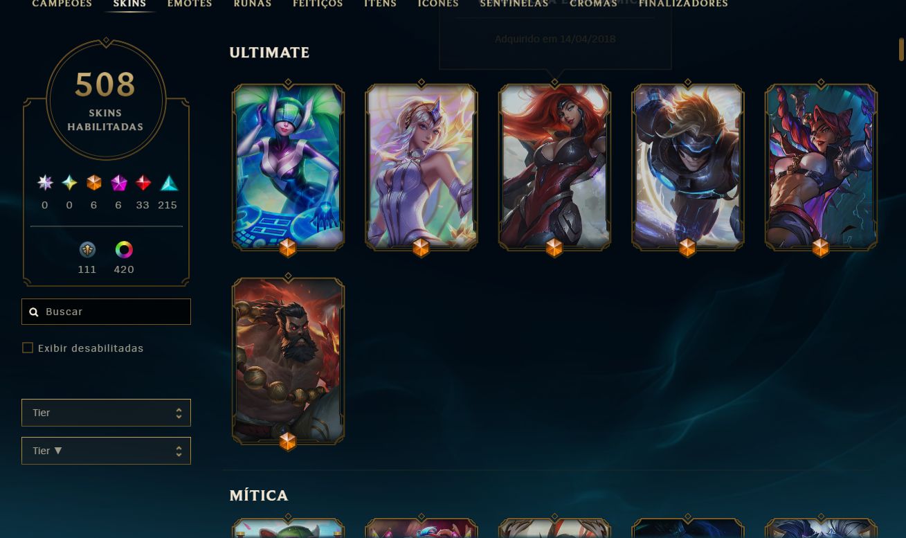 Conta League of Legends MMR MESTRE COM 508 SKINS RARAS