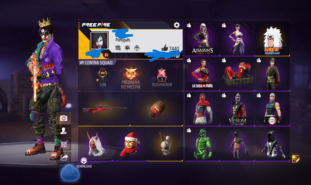 CONTA FREE FIRE +390 PEITAS, ITENS RAROS, PARCERIAS E MAIS! Olhar Descrição