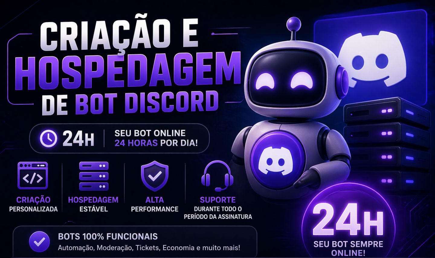 Criação e Hospedagem de Bot Discord | Personalizado + Online 24/7