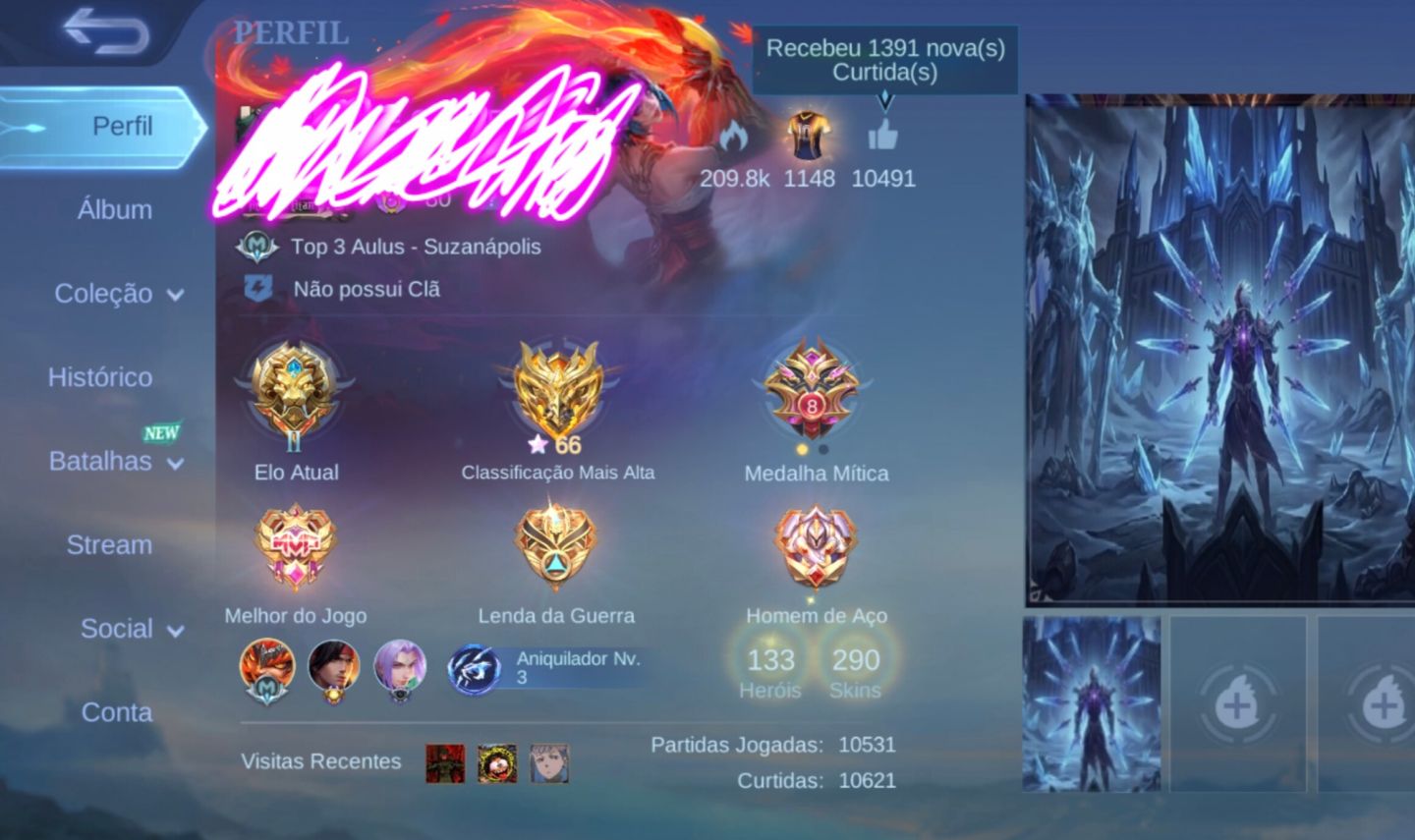 CONTA MLBB 290 SKINS | COLECIONADOR RENOMADO II | 133 HERÓIS | MÍTICO 66 ESTRELA
