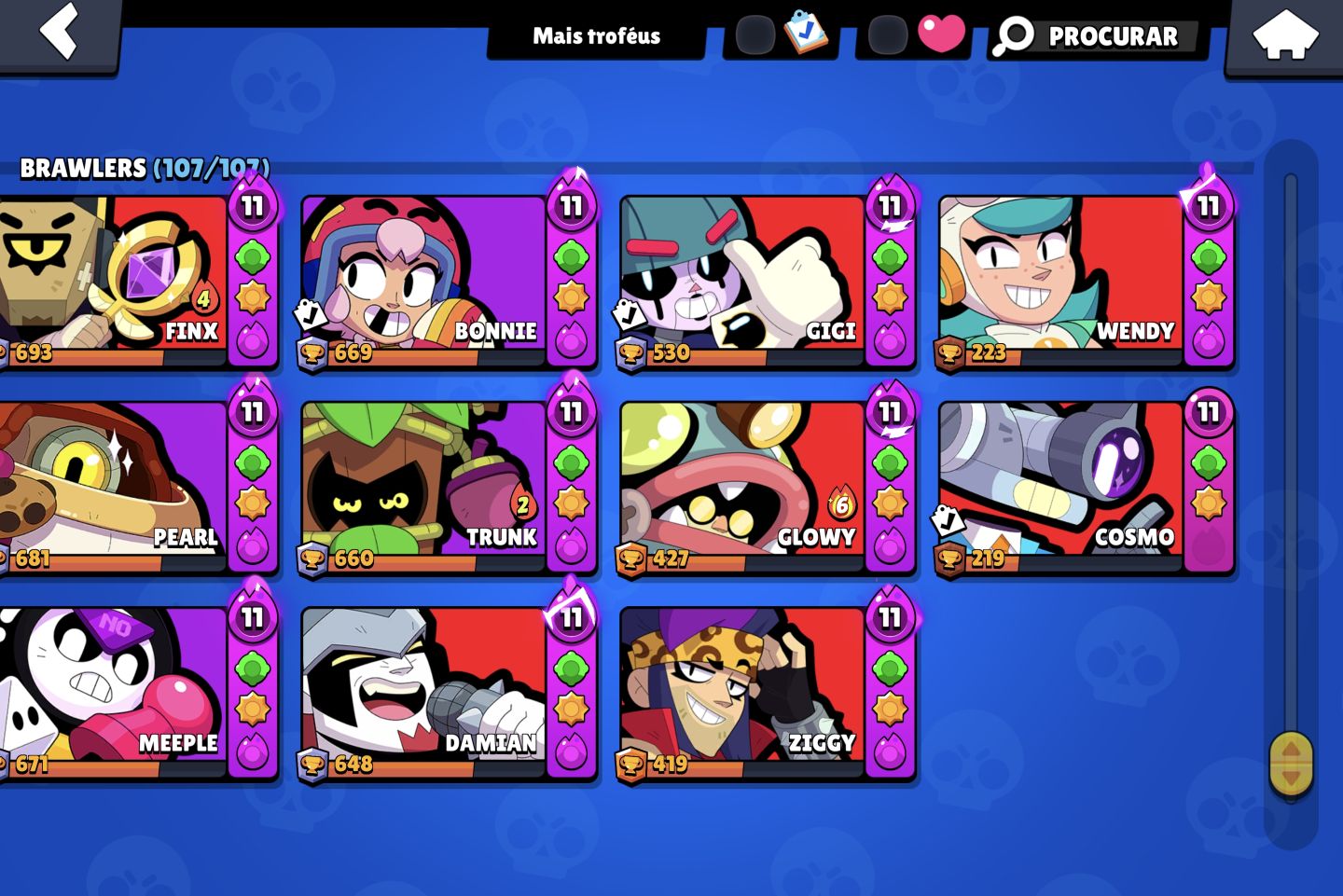 CONTA BRAWL STARS FULL LV11 HIPERCARGAS E BUFFIES / 105K TROFÉUS / 2 FRANK REI