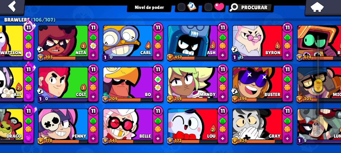 CONTA BRAWL STARS RARA DE 2019 68K TR 106/106 BRAWLERS 446 SKINS 60 HIPER