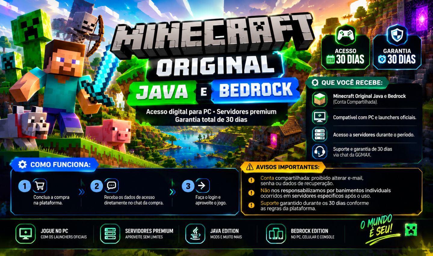 MINECRAFT JAVA - CONTA COMPARTILHADA / GARANTIA 30 DIAS