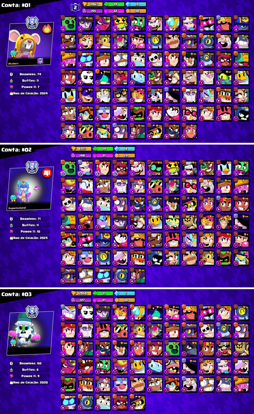 CONTAS BRAWL STARS c/LENDÁRIOS e MUITOS TROFÉUS!!