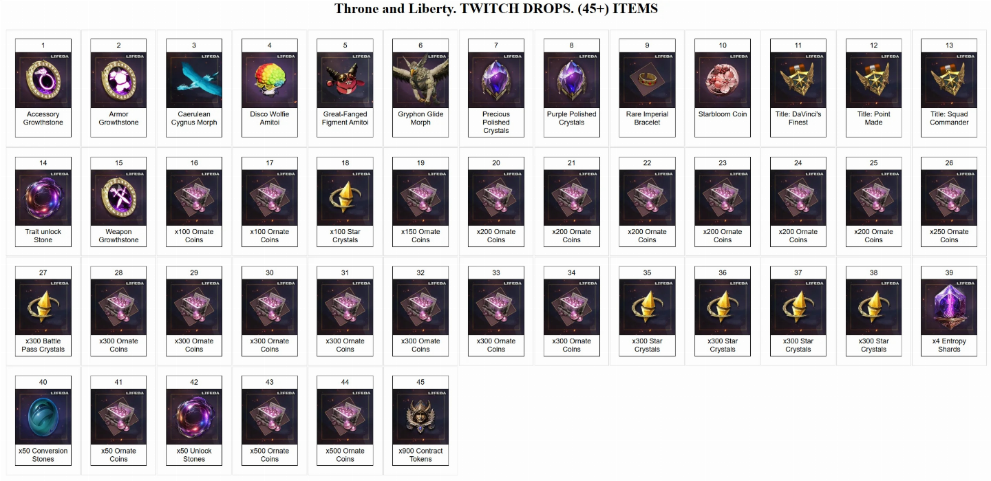 [MENOR PREÇO] Throne and Liberty - TWITCH DROPS - 10K ORNATE COINS + 386 ITENS