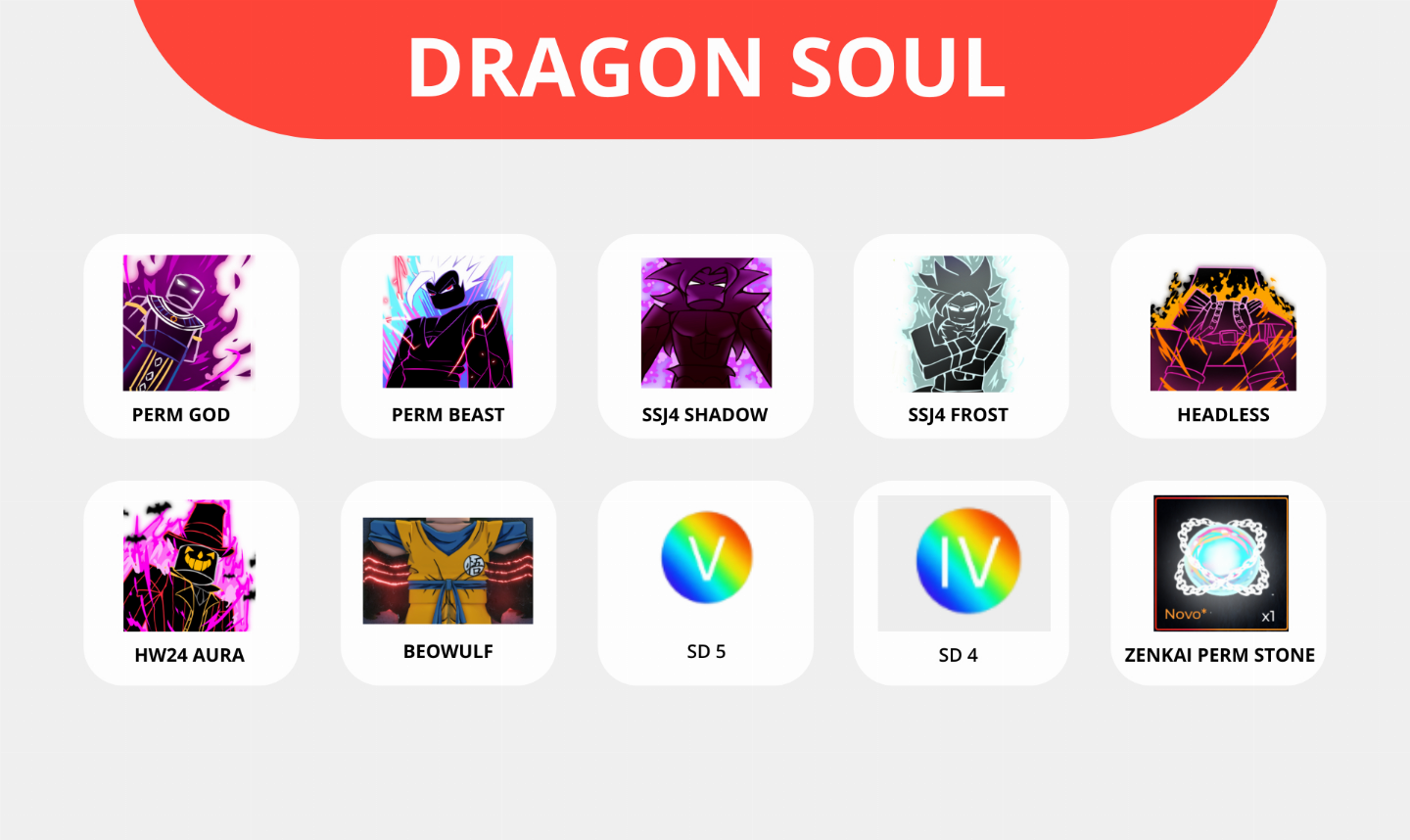 Itens Dragon Soul Roblox: Souls /Auras / god, beast, shadow, frost...