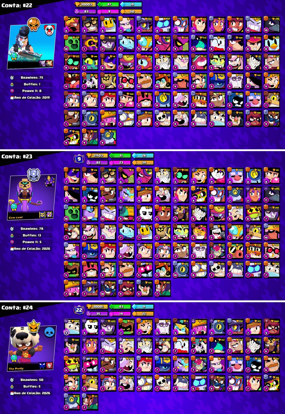 CONTAS BRAWL STARS c/LENDÁRIOS e MUITOS TROFÉUS!!