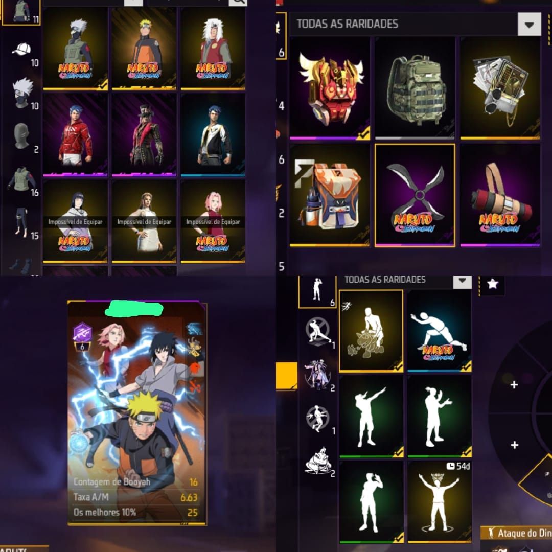 Conta free fire C Naruto, Kakashi, Jiraya, Sakura, Hinata e Asa Delta Nove Cauda