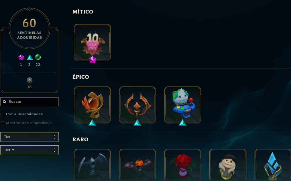 Conta de lol de 2015, 259 skins, 66 legadas e 3 ult, diversos itens de evento