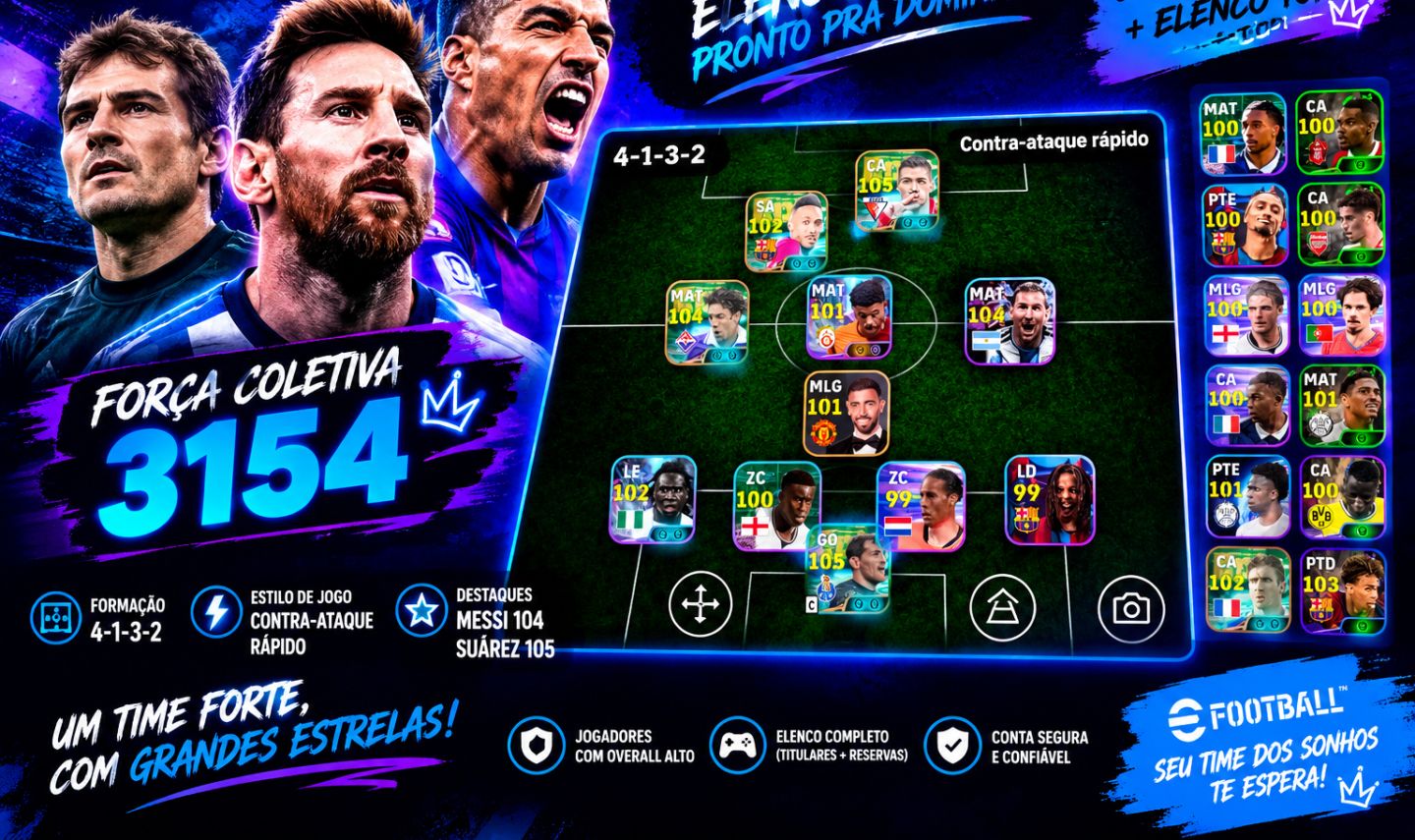 EFootball PES MOBILE | FORÇA COLETIVA 3154 | MESSI 104 + SUÁREZ 105