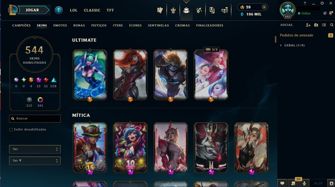 CONTA LOL 544 SKINS + VALORANT | LV 844 | BR