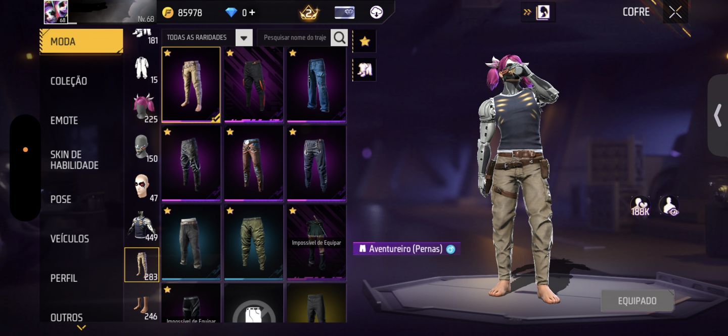 CONTA DE FREE FIRE GEMADA NÍVEL 68 COM ANGELICAL, MANDELA e PÉ DESCALÇO