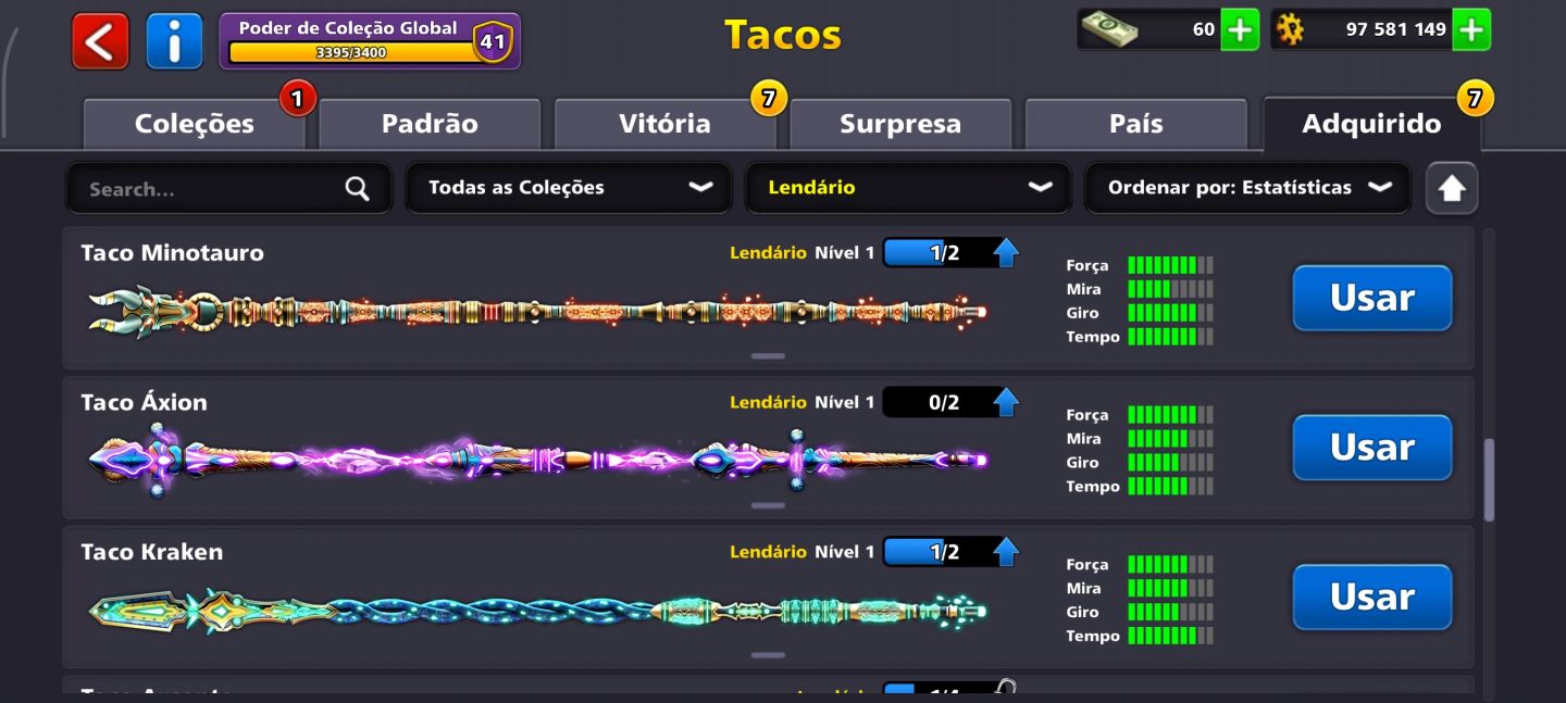 Conta 8 Ball Pool | 97M+ Fichas + Vários Tacos Lendários