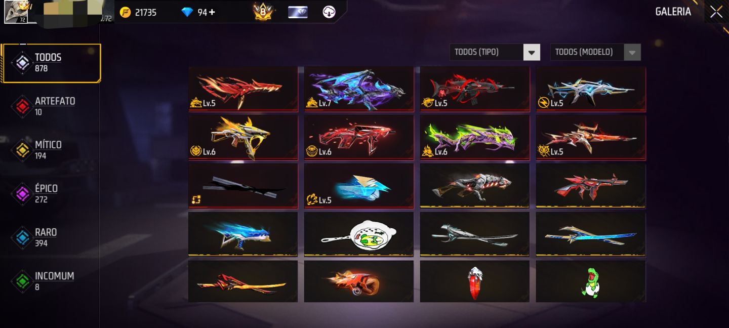 CONTA DE FREE FIRE, PRIME 8, 10 EVO, 2 PÉ DESCALÇO, +1K DE PEITAS, ITENS RAROS