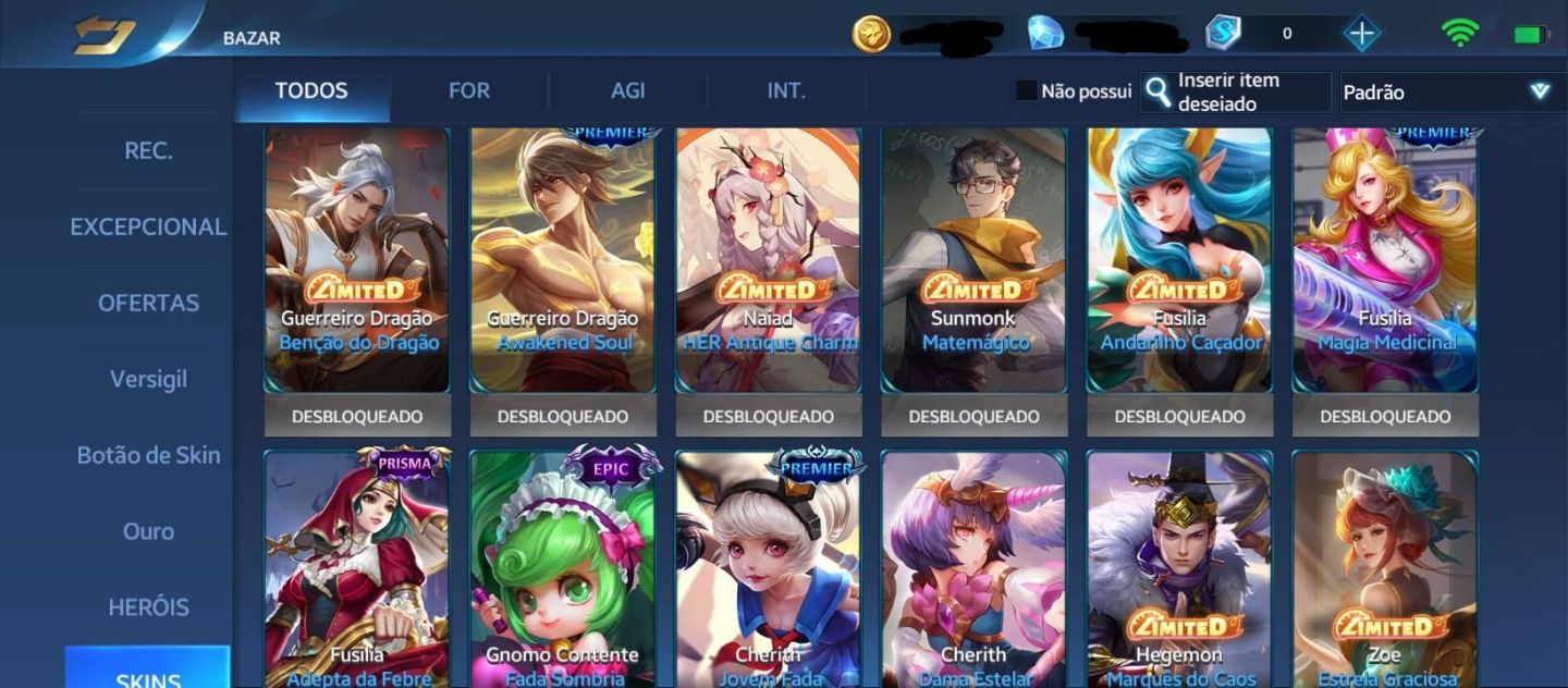 Conta - Heroes Evolved, nível: 43, heróis: 113, skins: 243.