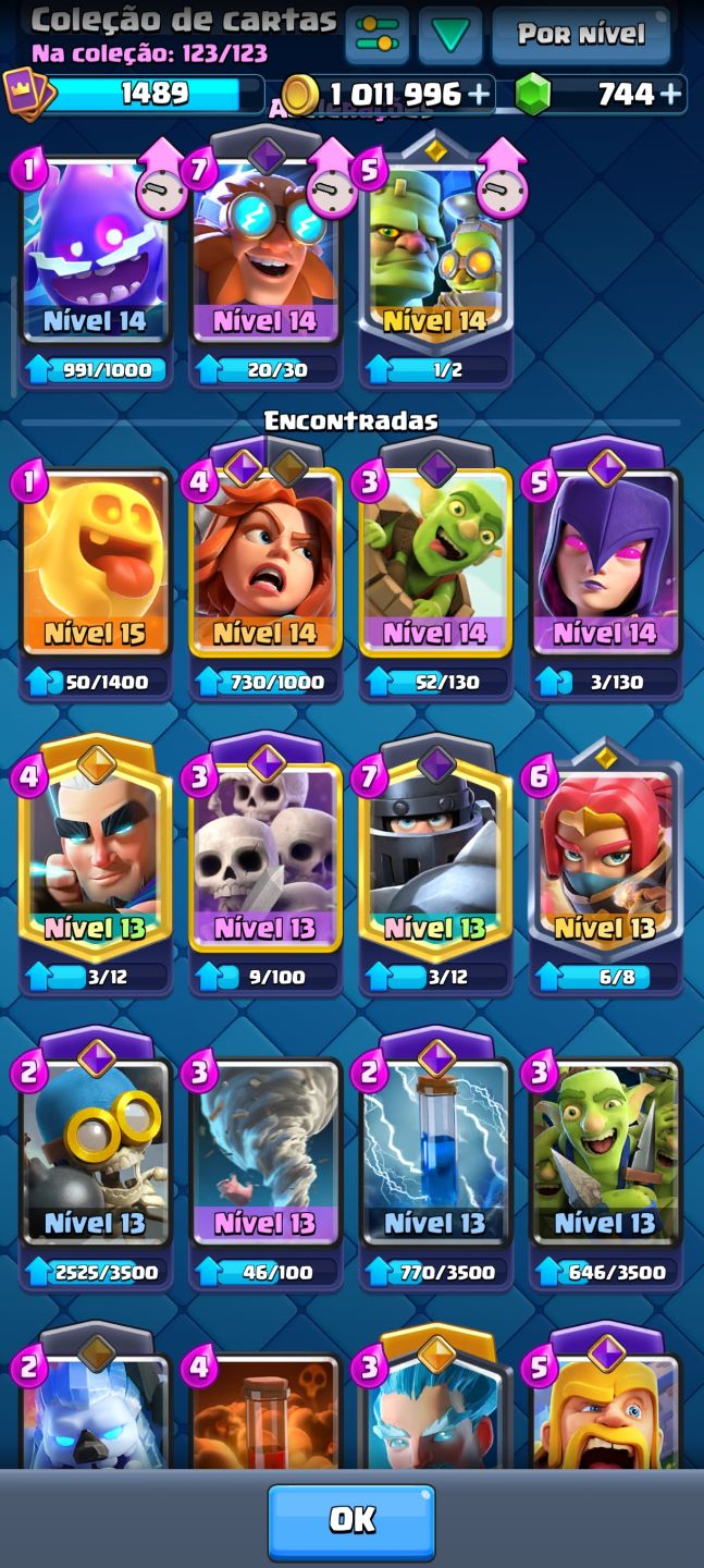 CONTA CLASH ROYALE 10K TROFÉUS 123/123 CARTAS COMPLETO +1M DE OURO