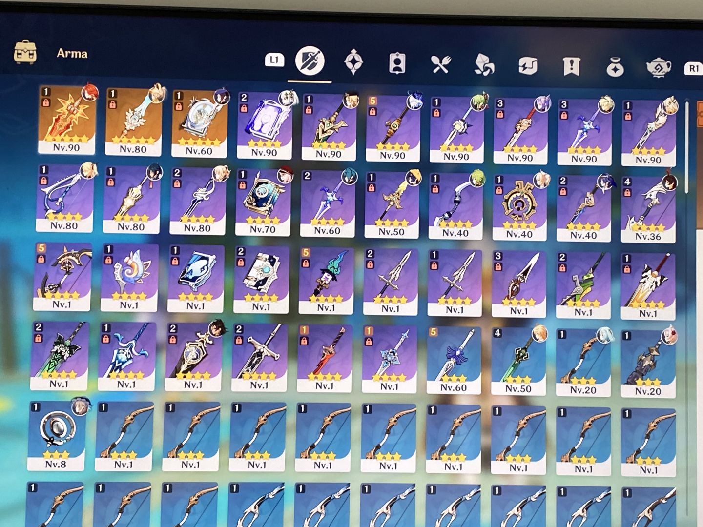 Conta de genshin que tem mavuika e outros personagens 5 estrelas